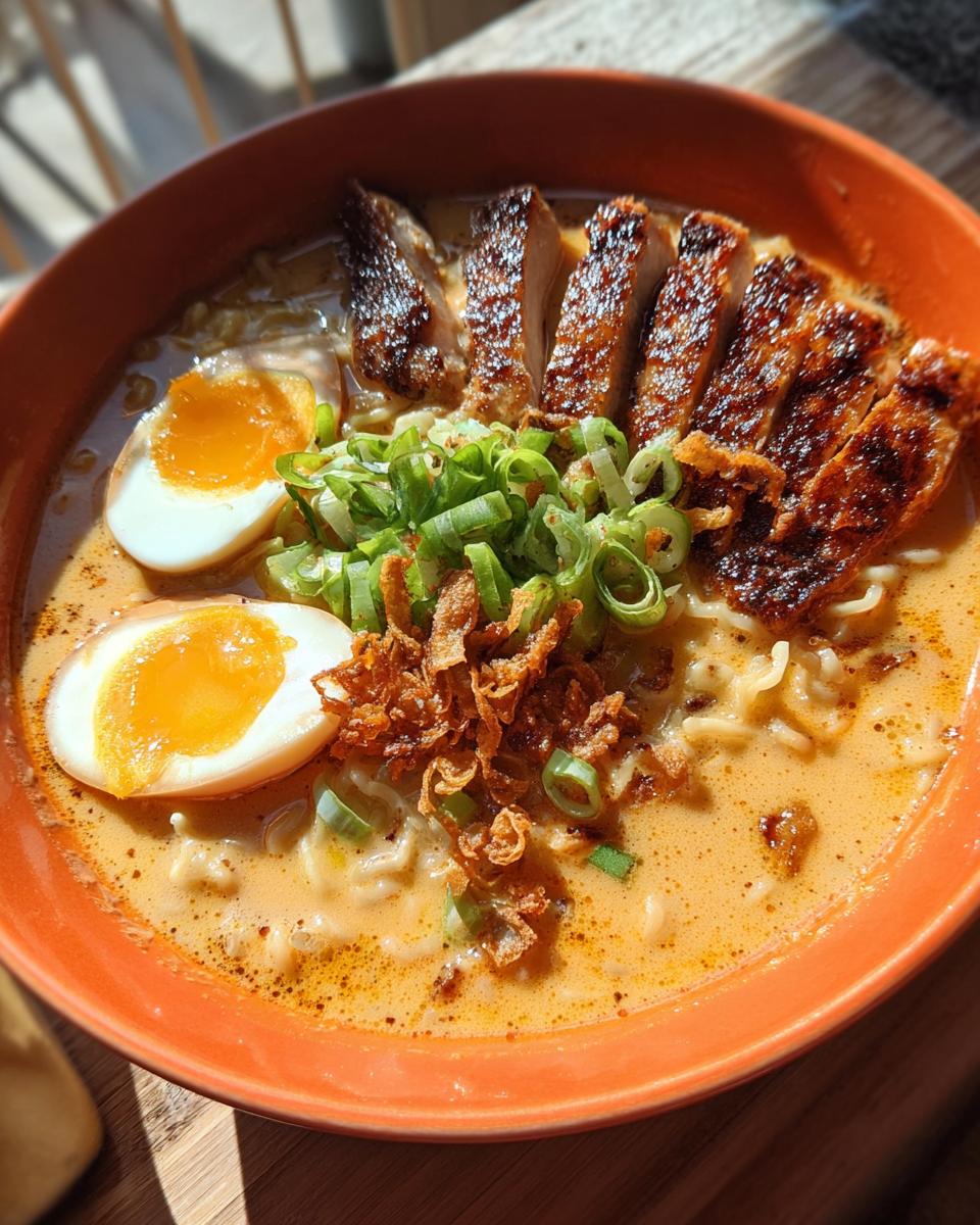 A close-up of a bowl of Creamy Garlic Chicken Ramen, featuring sliced chicken, ramen noodles, a soft-boiled egg, and green onions.