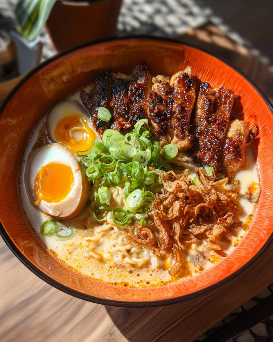 A close-up of a bowl of Creamy Garlic Chicken Ramen, featuring sliced chicken, ramen noodles, a soft-boiled egg, and green onions.