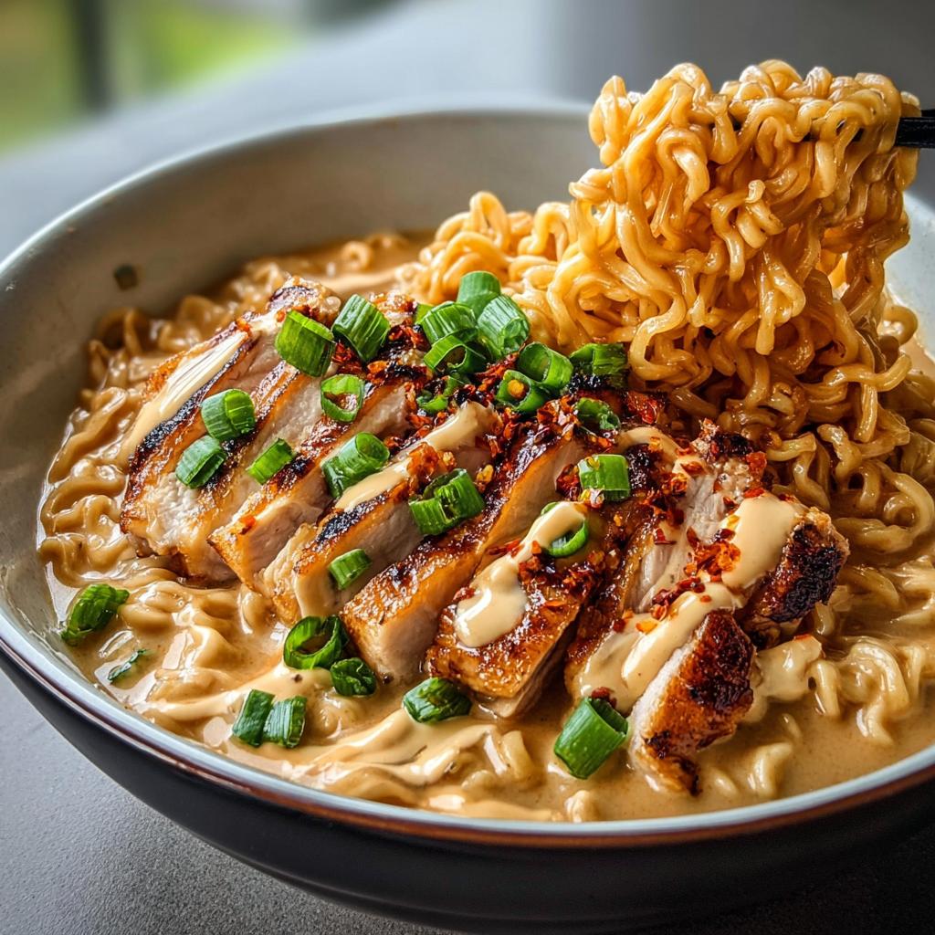 A bowl of Creamy Garlic Chicken Ramen with sliced grilled chicken, scallions, and chili flakes.