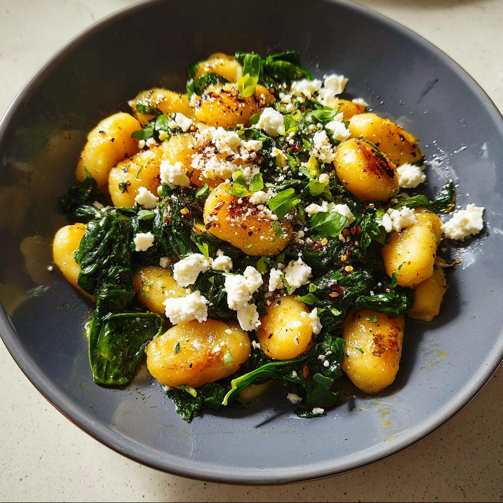 A close-up of a bowl of creamy gnocchi with spinach and feta cheese, topped with herbs and chili flakes.