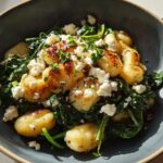 Close-up of creamy gnocchi with spinach and feta, topped with fresh herbs.