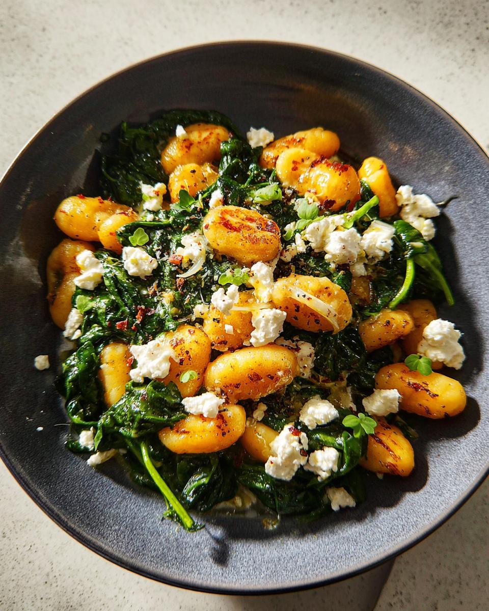 A close-up of creamy gnocchi with spinach and feta, garnished with fresh herbs.