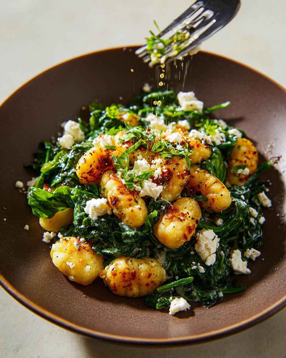 A close-up of Creamy Gnocchi with Spinach and Feta, with a fork sprinkling fresh herbs.