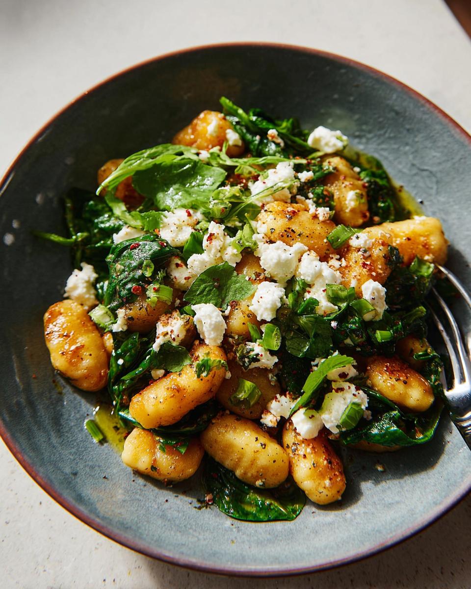 A close-up of a bowl of Creamy Gnocchi with Spinach and Feta, topped with crumbled feta cheese and green onions.