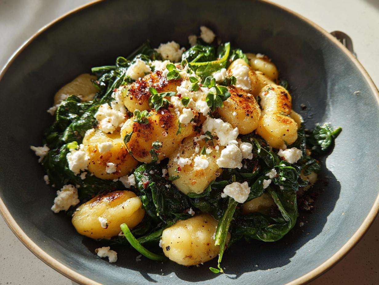 Close-up of creamy gnocchi with spinach and feta, topped with fresh herbs.