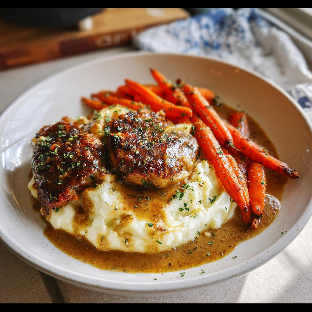 A plate of Creamy Herb Chicken served with fluffy mashed potatoes and glazed carrots, all drizzled in a rich sauce.
