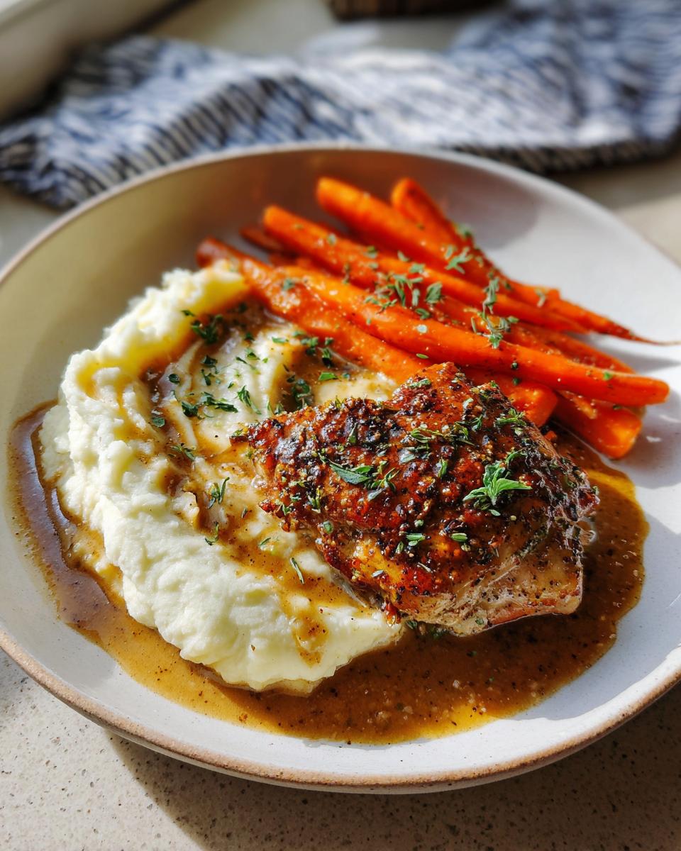 A plate of Creamy Herb Chicken served with fluffy mashed potatoes and glazed carrots.