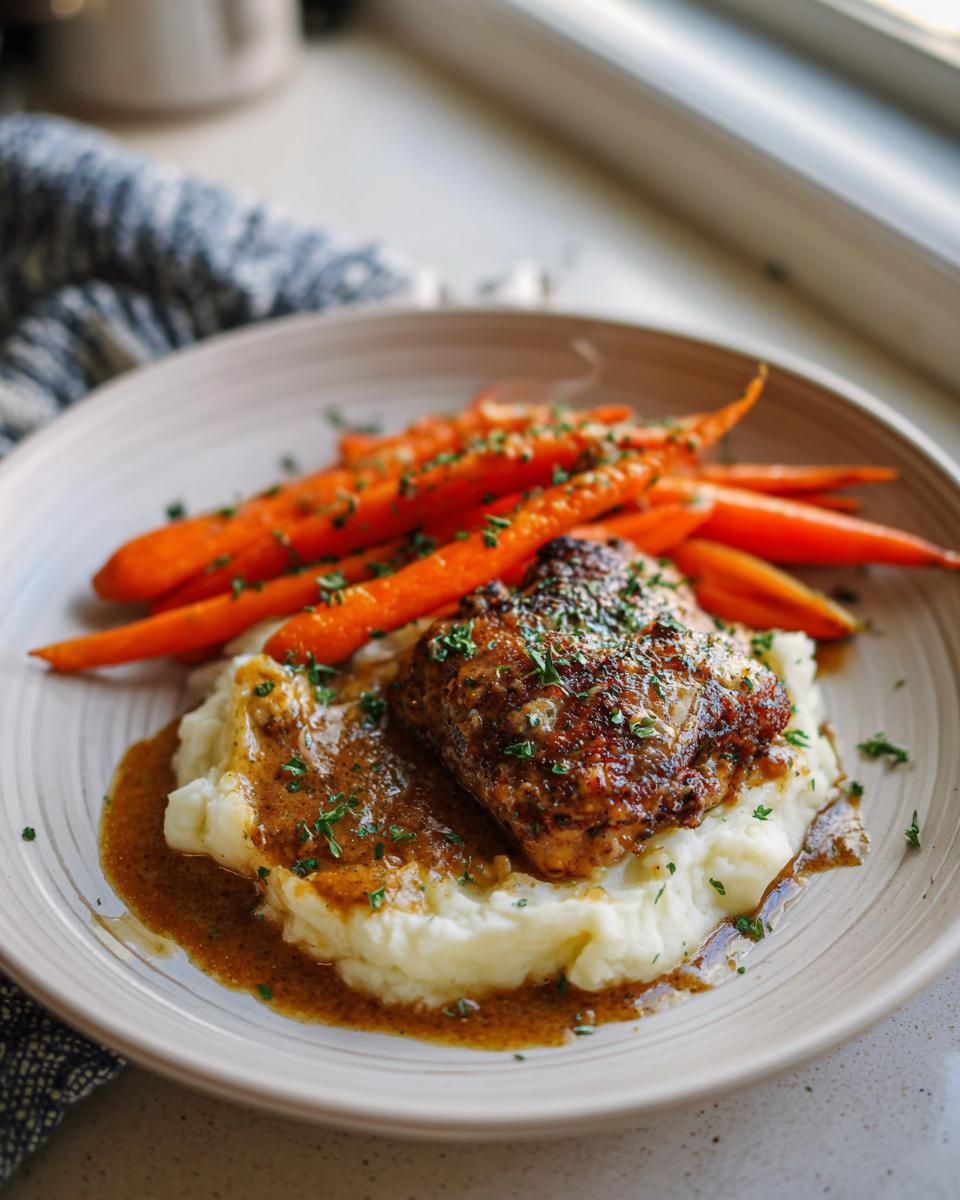 A plate of Creamy Herb Chicken served with mashed potatoes and glazed carrots, drizzled with sauce and sprinkled with herbs.