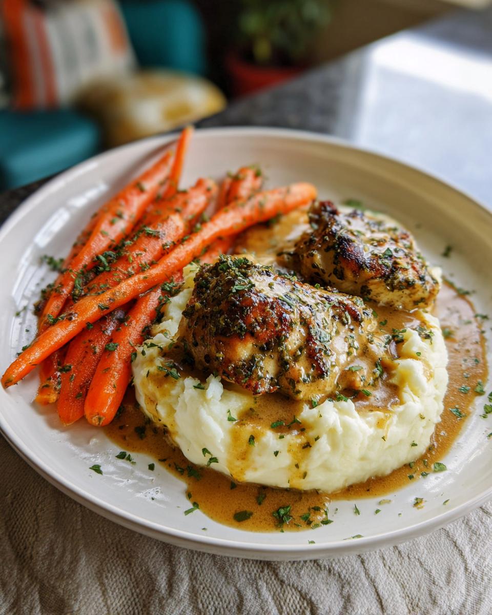 A plate of Creamy Herb Chicken served with mashed potatoes and glazed carrots, drizzled with sauce.