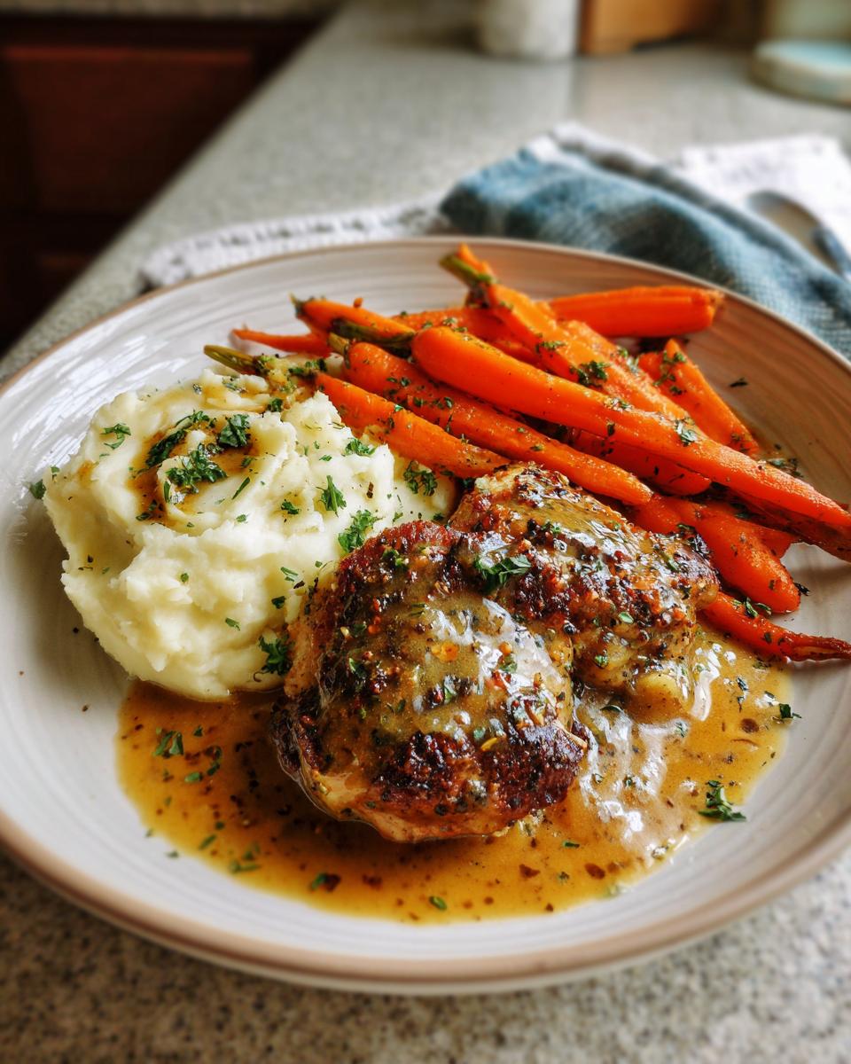 A plate of Creamy Herb Chicken with Mashed Potatoes and Glazed Carrots, drizzled with sauce and garnished with parsley.