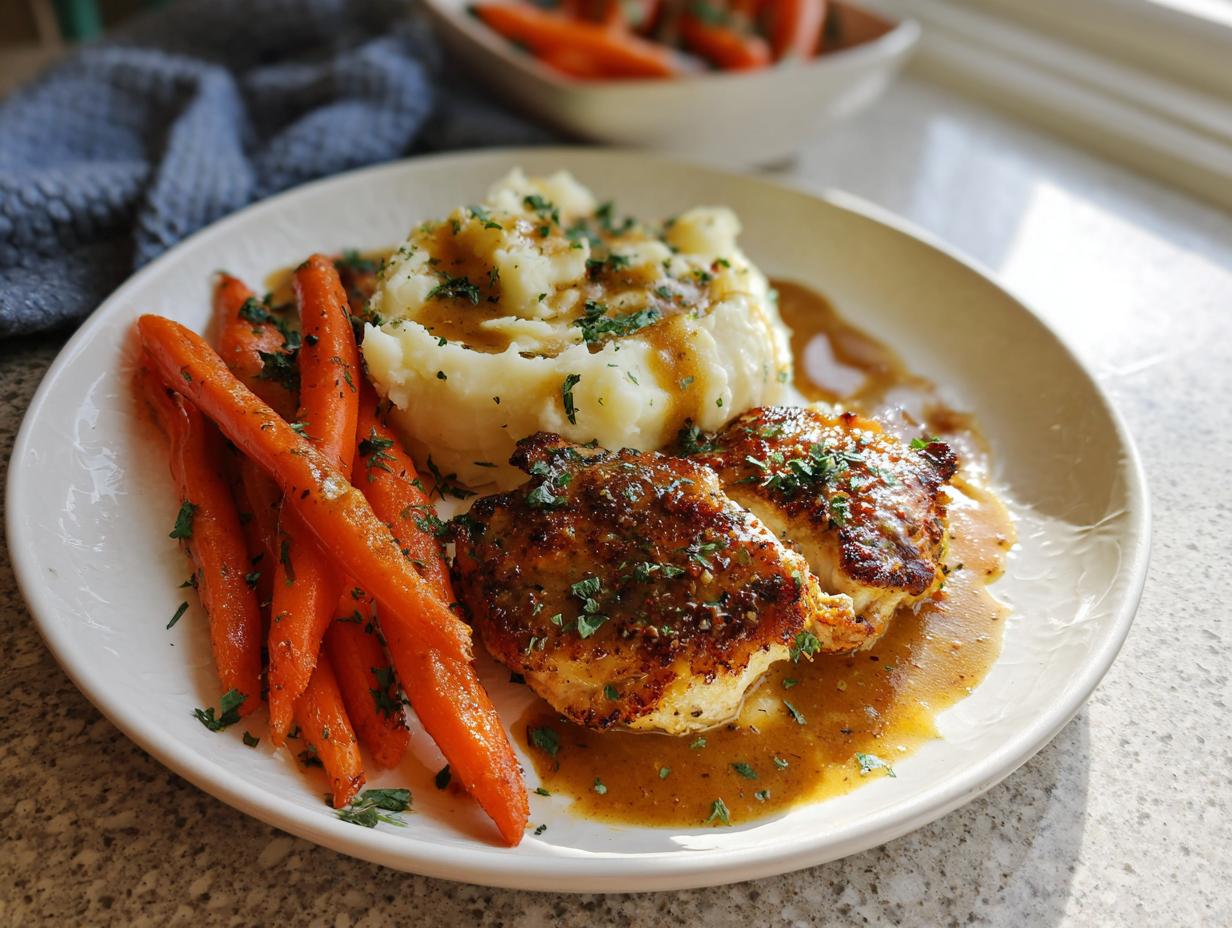 A plate of Creamy Herb Chicken with Mashed Potatoes & Glazed Carrots, drizzled with sauce and sprinkled with parsley.