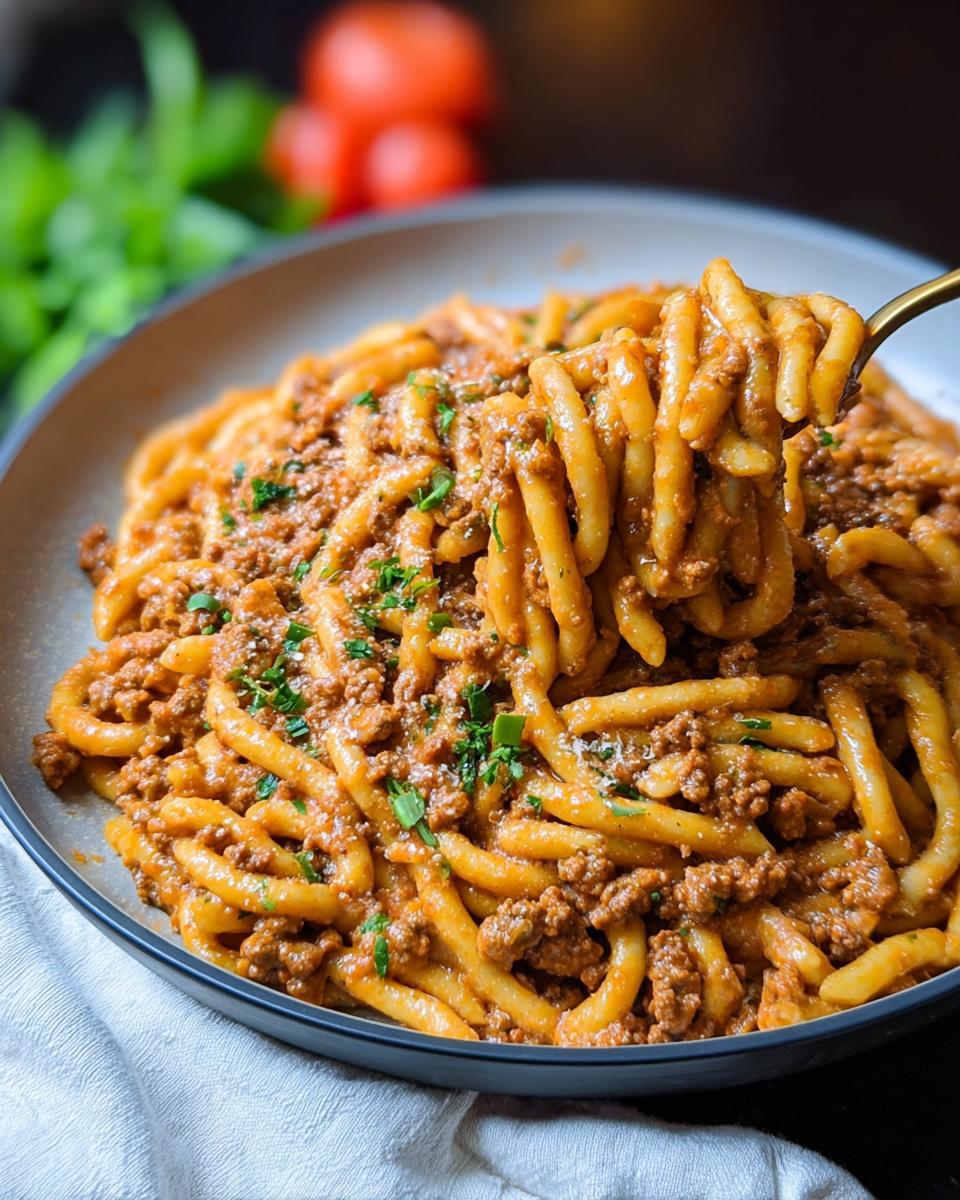 A close-up of a fork lifting a portion of Creamy High Protein Beef Pasta from a bowl, garnished with herbs.