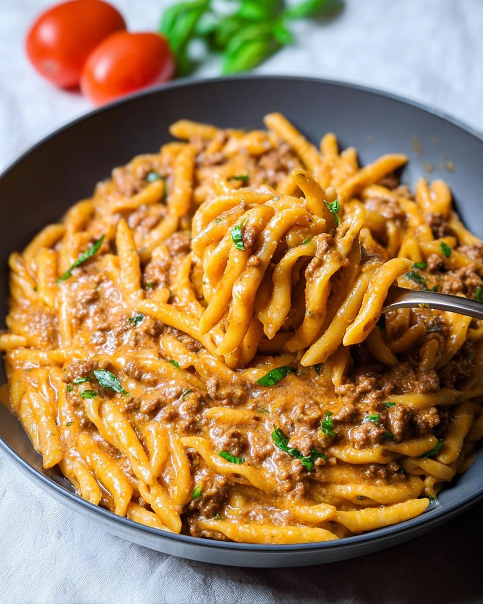 A fork twirling a portion of creamy high protein beef pasta in a dark bowl, garnished with fresh herbs.