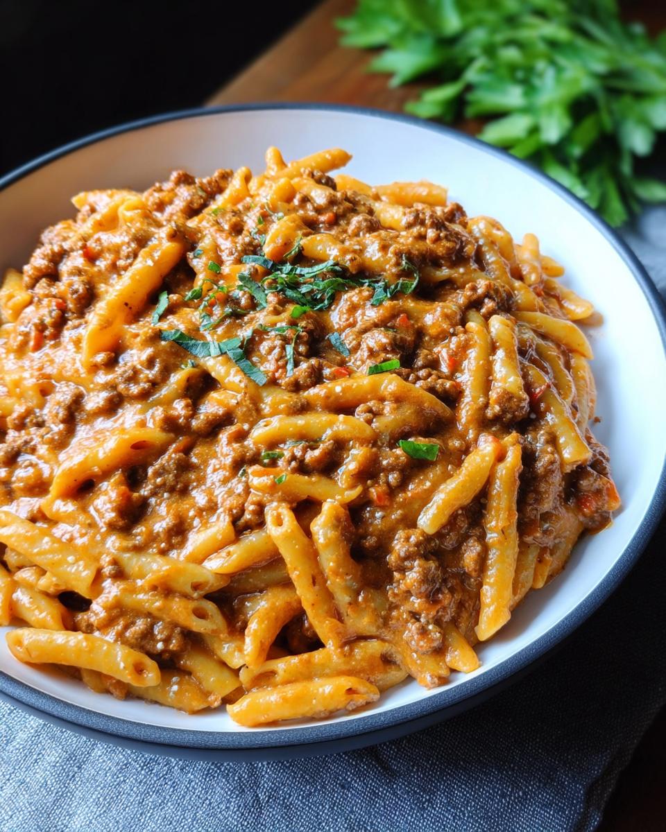 A bowl of creamy high protein beef pasta with penne noodles and a rich meat sauce, garnished with fresh herbs.