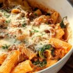 Close-up of a bowl of Creamy High Protein Beef Pasta topped with melted cheese and parsley.