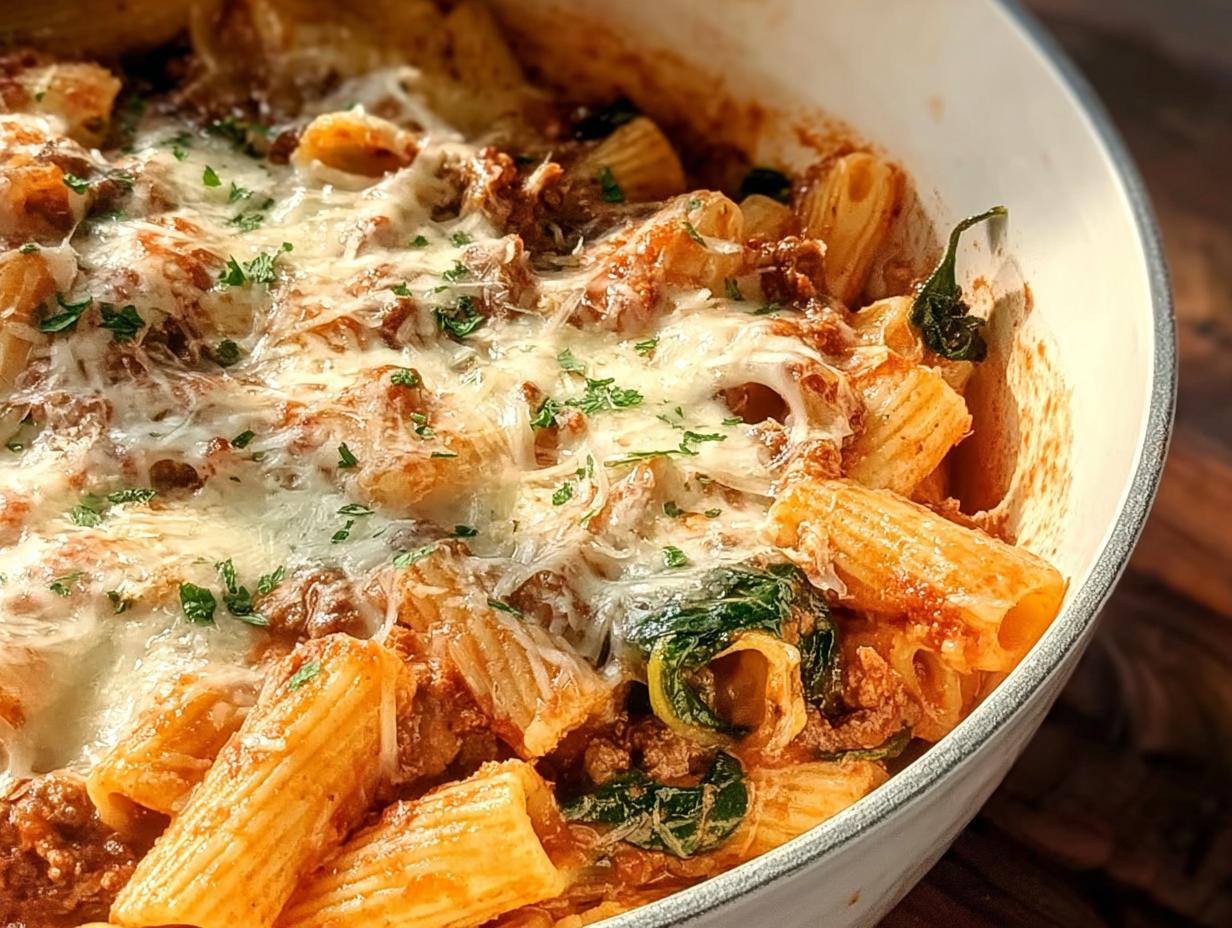 Close-up of a bowl of Creamy High Protein Beef Pasta topped with melted cheese and parsley.