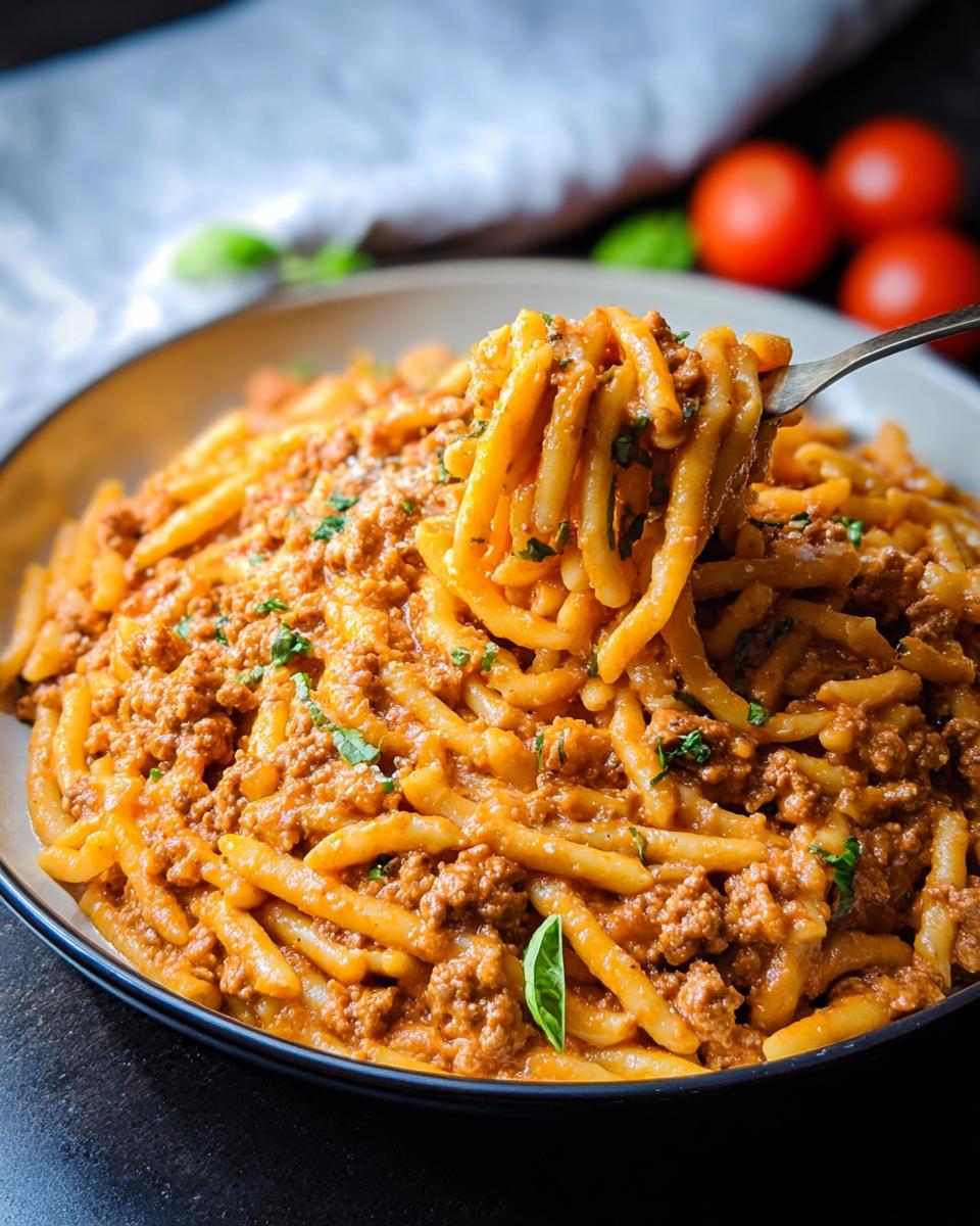 A fork lifting a portion of Creamy High Protein Beef Pasta from a bowl, showing the rich sauce and pasta.