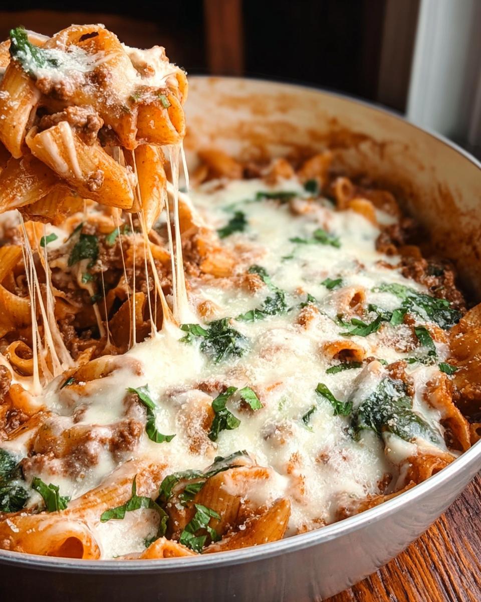 A serving spoon lifts a portion of Creamy High Protein Beef Pasta, showing strings of melted cheese.