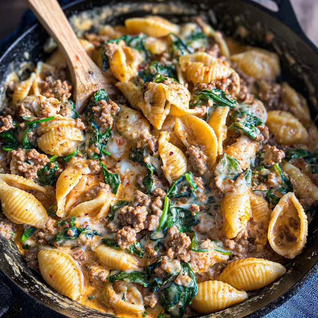 Close-up of Creamy High Protein Beef Pasta with spinach and shell pasta in a cast iron skillet, with a wooden spoon.