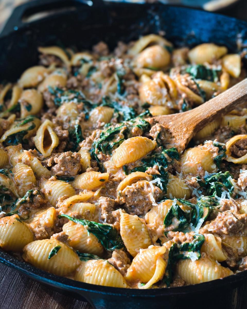 Close-up of Creamy High Protein Beef Pasta with spinach and cheese in a cast iron skillet.