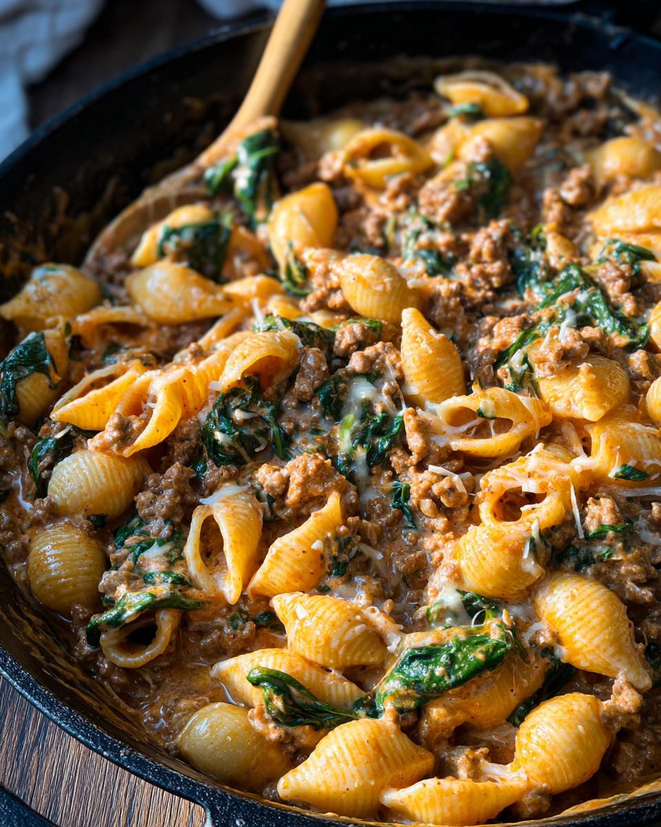 A close-up of Creamy High Protein Beef Pasta with shell pasta, ground beef, and spinach in a cast-iron skillet.