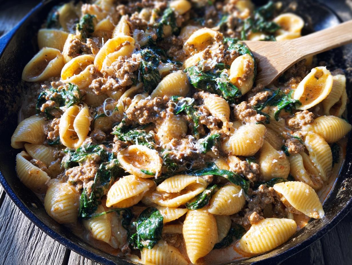 A close-up of Creamy High Protein Beef Pasta with spinach, served in a cast-iron skillet with a wooden spoon.