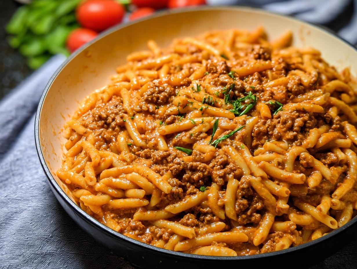A close-up of a pan filled with Creamy High Protein Beef Pasta, garnished with fresh herbs.