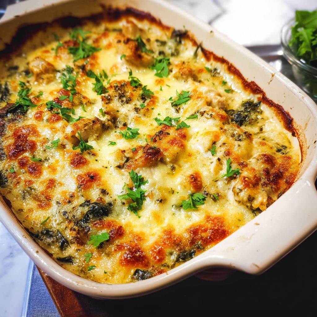 A close-up of a freshly baked Creamy Low Carb Chicken Casserole, bubbling with melted cheese and garnished with parsley.