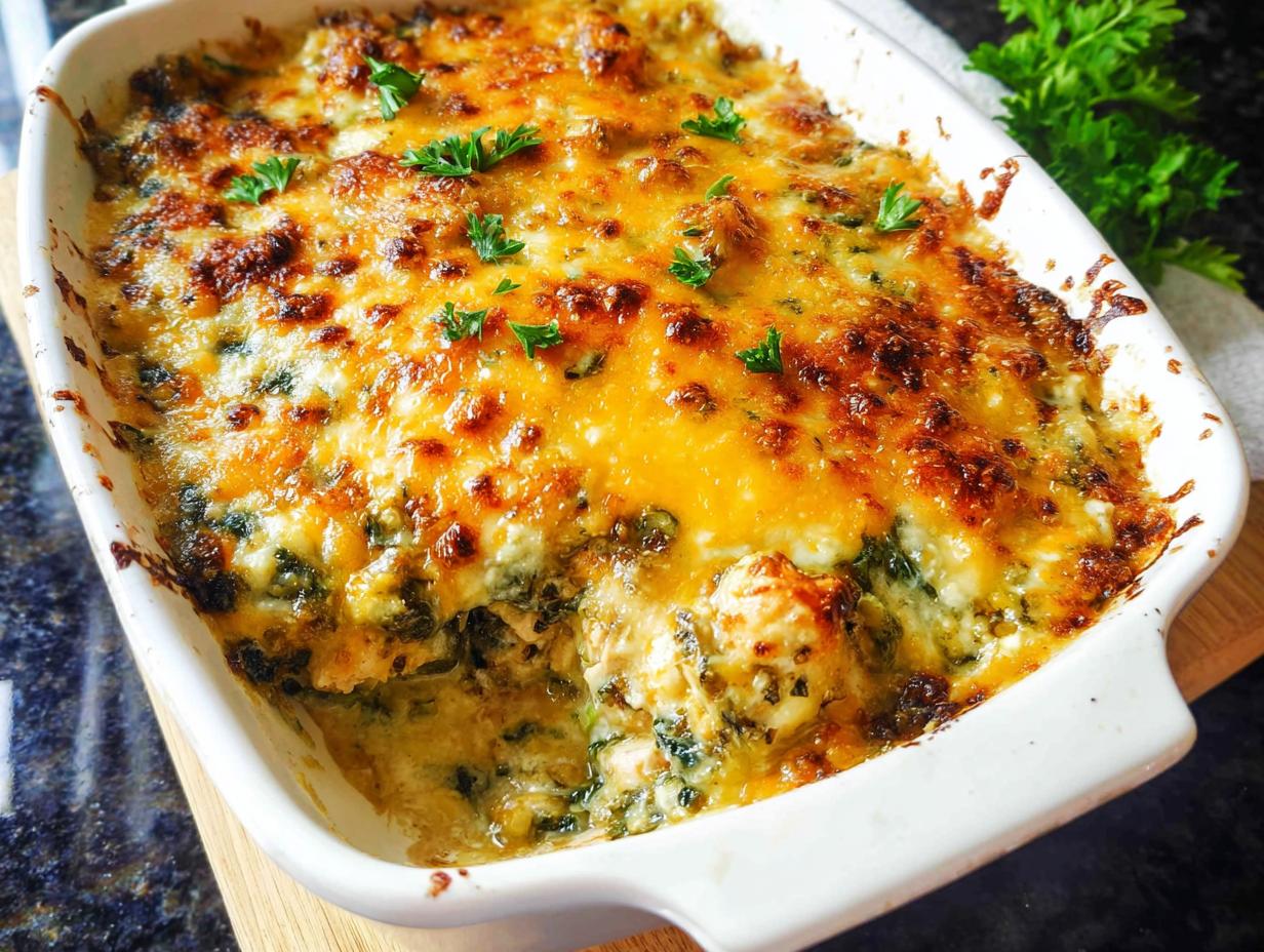 Close-up of a bubbling Creamy Low Carb Chicken Casserole topped with golden melted cheese and fresh parsley.