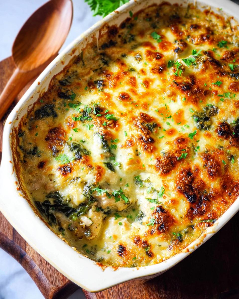 A close-up of a bubbly Creamy Low Carb Chicken Casserole topped with golden melted cheese and fresh parsley.