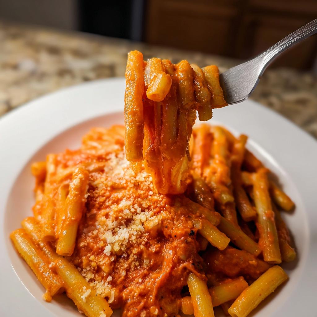 A fork lifts a portion of creamy tomato garlic pasta, showing the rich sauce and ziti noodles, topped with grated cheese.