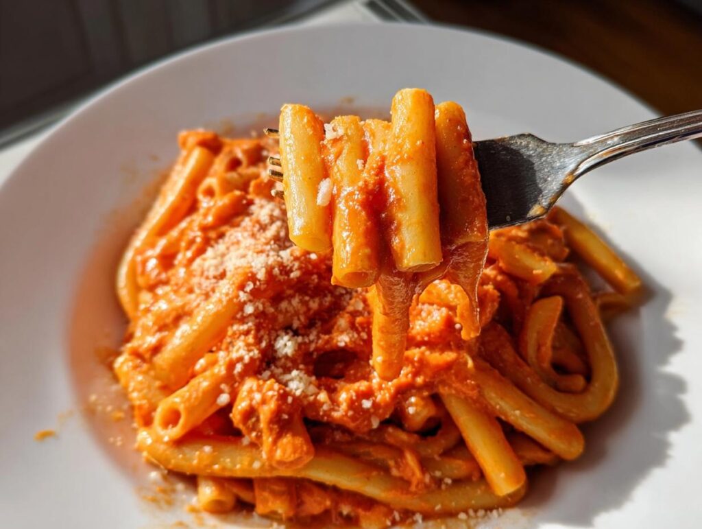 A fork lifting a portion of creamy tomato garlic pasta, showing the rich sauce coating the rigatoni.