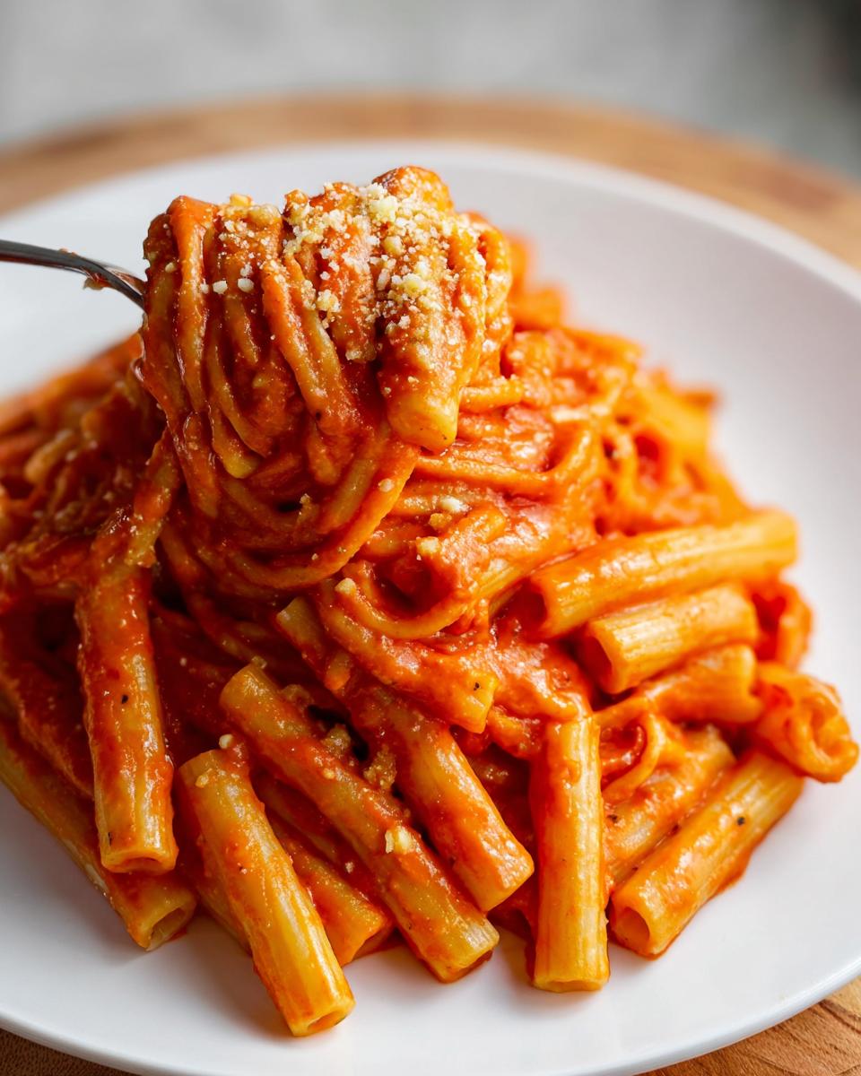 A fork lifting a swirl of creamy tomato garlic pasta, sprinkled with Parmesan cheese.