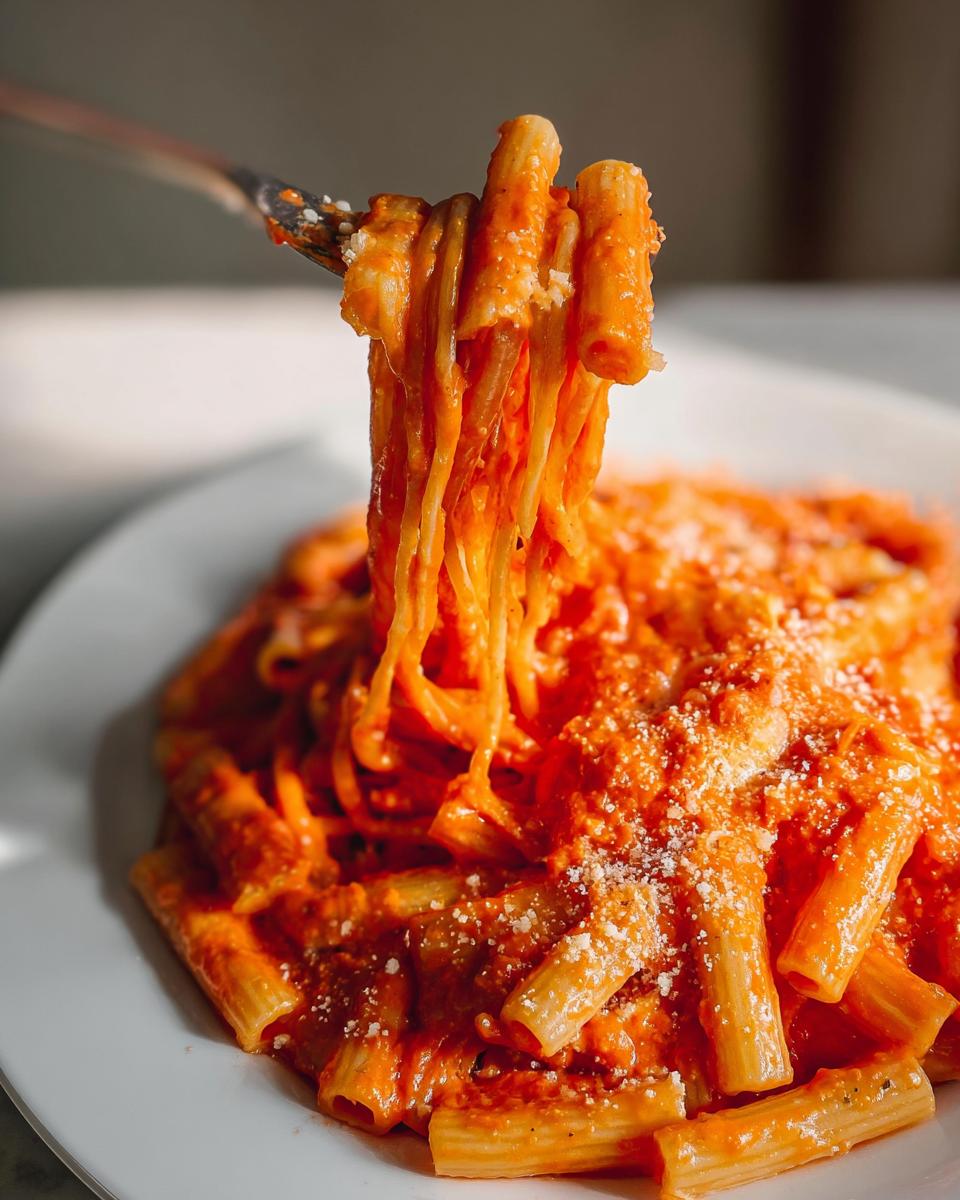 A fork lifting a generous portion of creamy tomato garlic pasta, showing rigatoni and spaghetti coated in rich sauce.