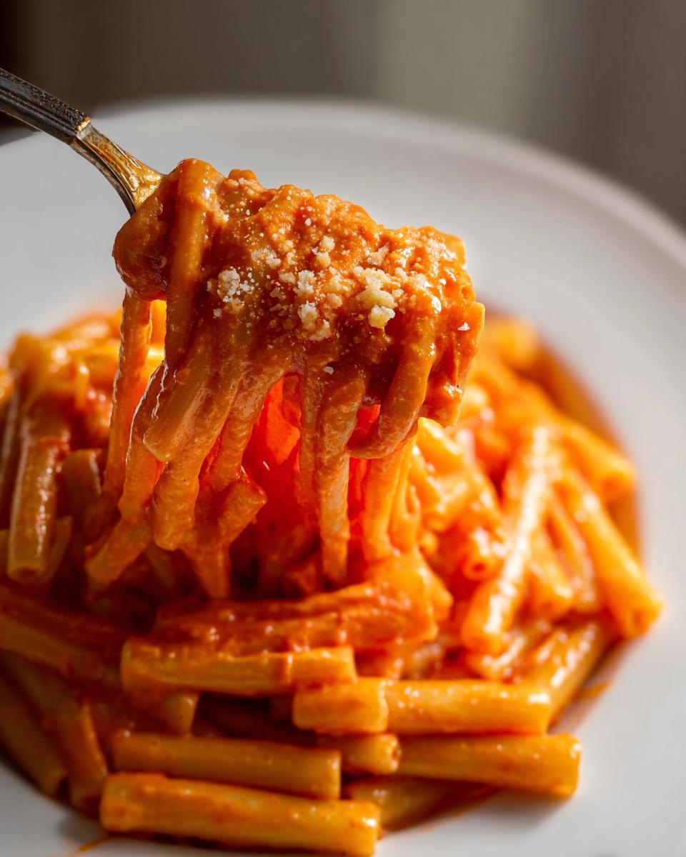 A fork lifts a generous portion of creamy tomato garlic pasta, topped with grated cheese.