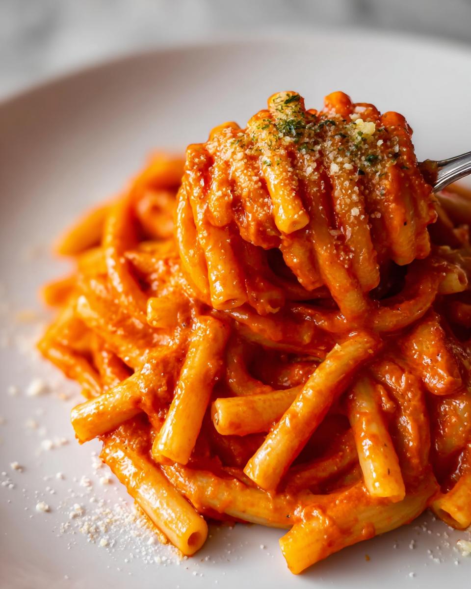 A fork lifts a portion of creamy tomato garlic pasta, garnished with herbs and cheese.