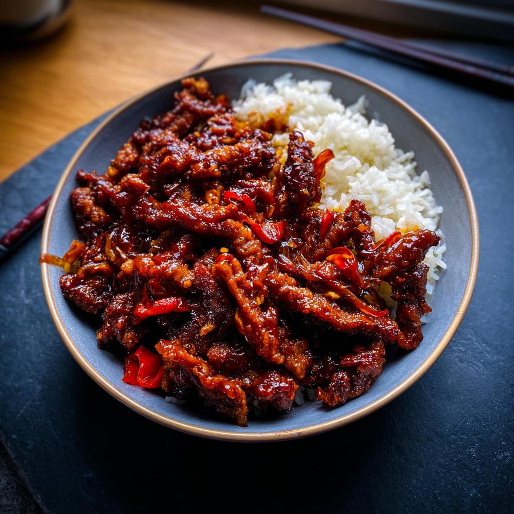 A close-up of a bowl of Crispy Chilli Beef Rice, featuring tender beef strips coated in a glossy sauce with red chili peppers, served over fluffy white rice.