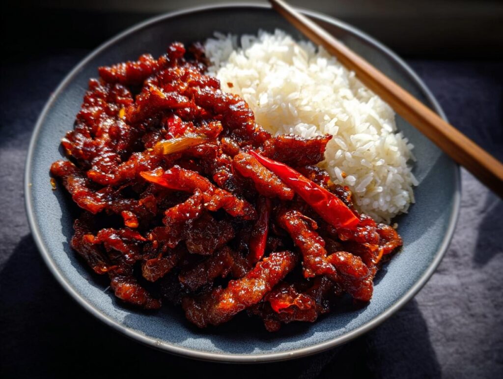 A close-up of a bowl of fluffy white rice next to glistening Crispy Chilli Beef, garnished with red chillies.