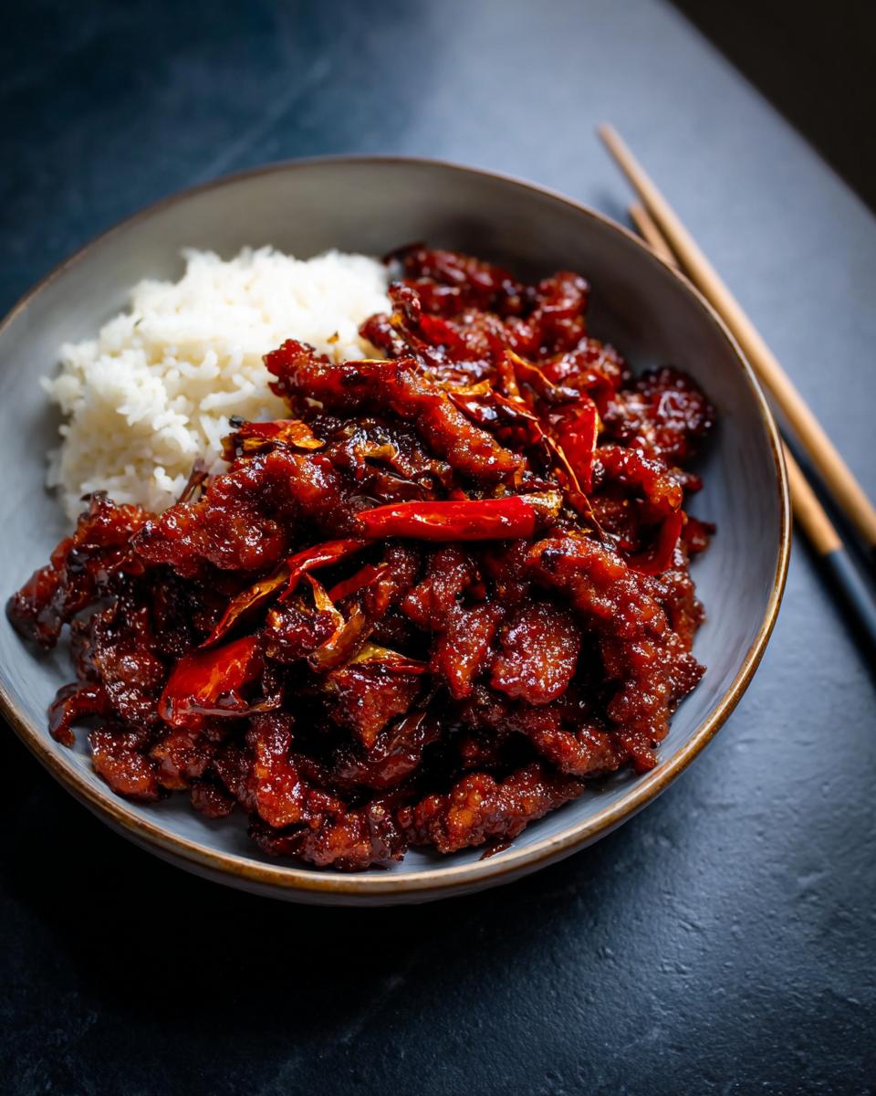 A bowl of fluffy white rice topped with glistening, spicy Crispy Chilli Beef and whole dried chillies.