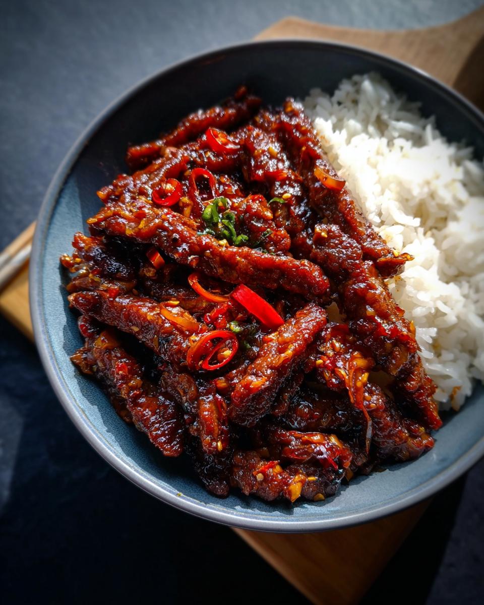A close-up of a bowl of Crispy Chilli Beef Rice, featuring glossy beef strips coated in a spicy sauce and served with fluffy white rice.
