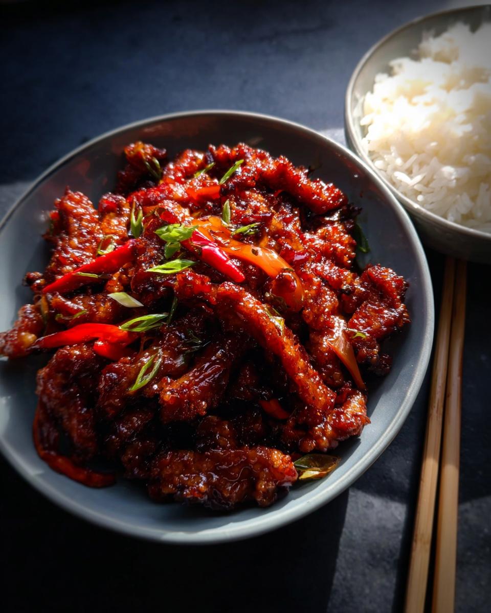 A close-up of Crispy Chilli Beef Rice, coated in a glossy sauce with red chillies and green onions, served with a side of steamed rice.