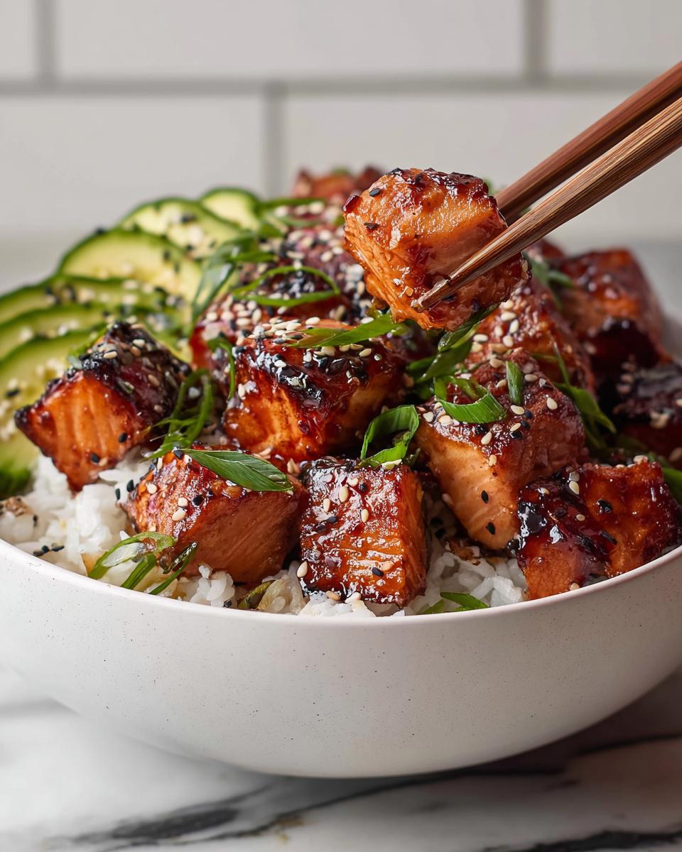 A close-up of a bowl filled with white rice, topped with glazed crispy salmon cubes, sliced avocado, and green onions.