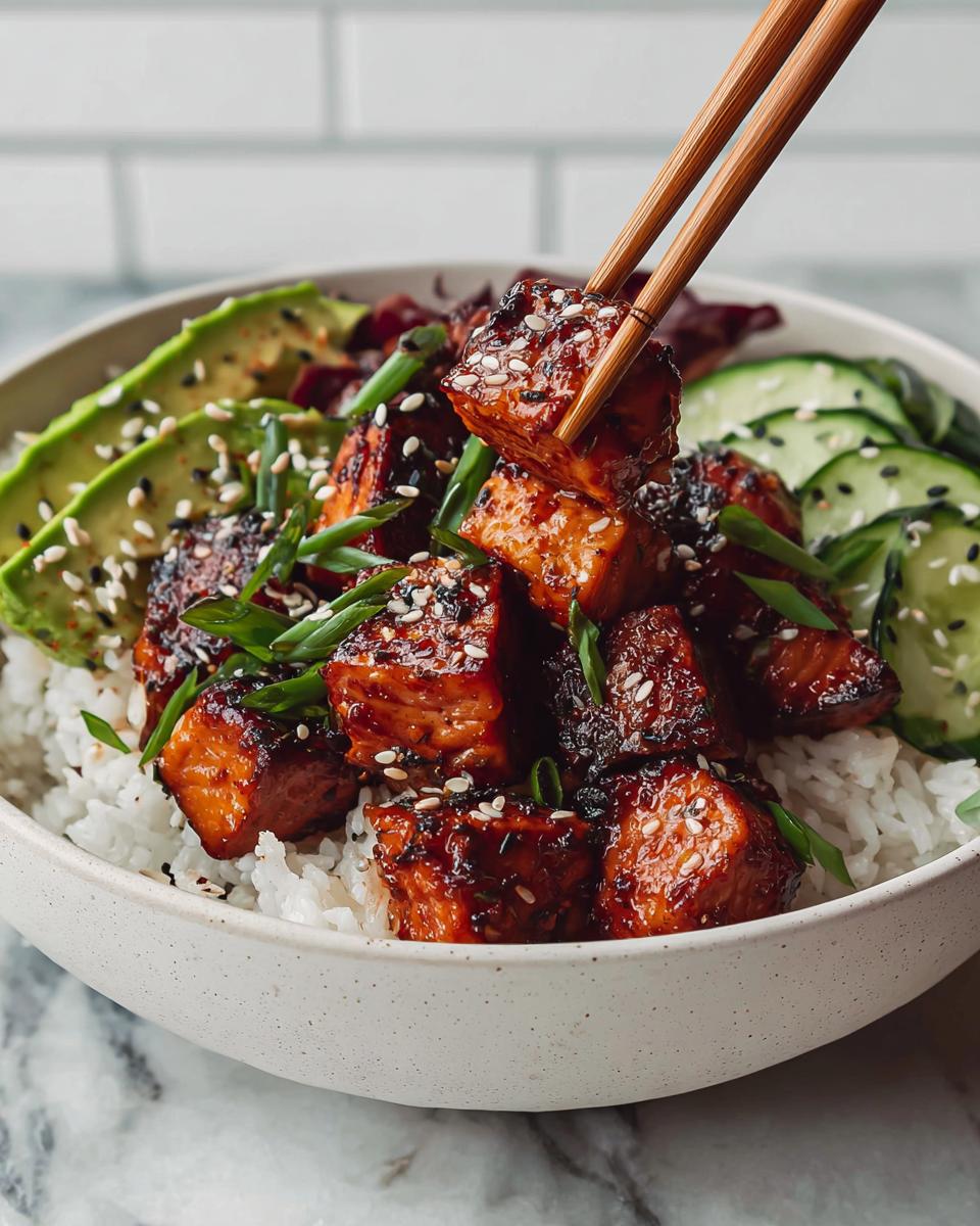 A close-up shot of a Crispy Salmon and Rice Bowl, with chopsticks picking up a piece of glazed salmon.