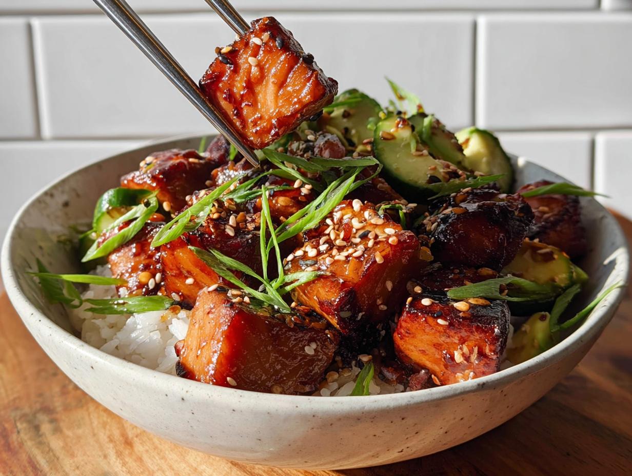 A close-up of a Crispy Salmon and Rice Bowl, with chopsticks lifting a piece of glazed salmon, topped with avocado and sesame seeds.