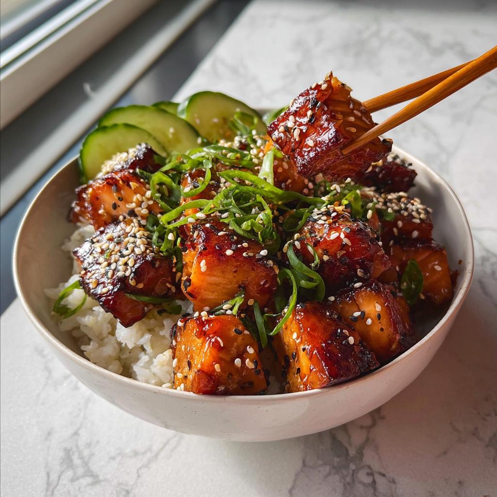 A close-up of a Crispy Salmon and Rice Bowl, with chopsticks lifting a piece of glazed salmon.