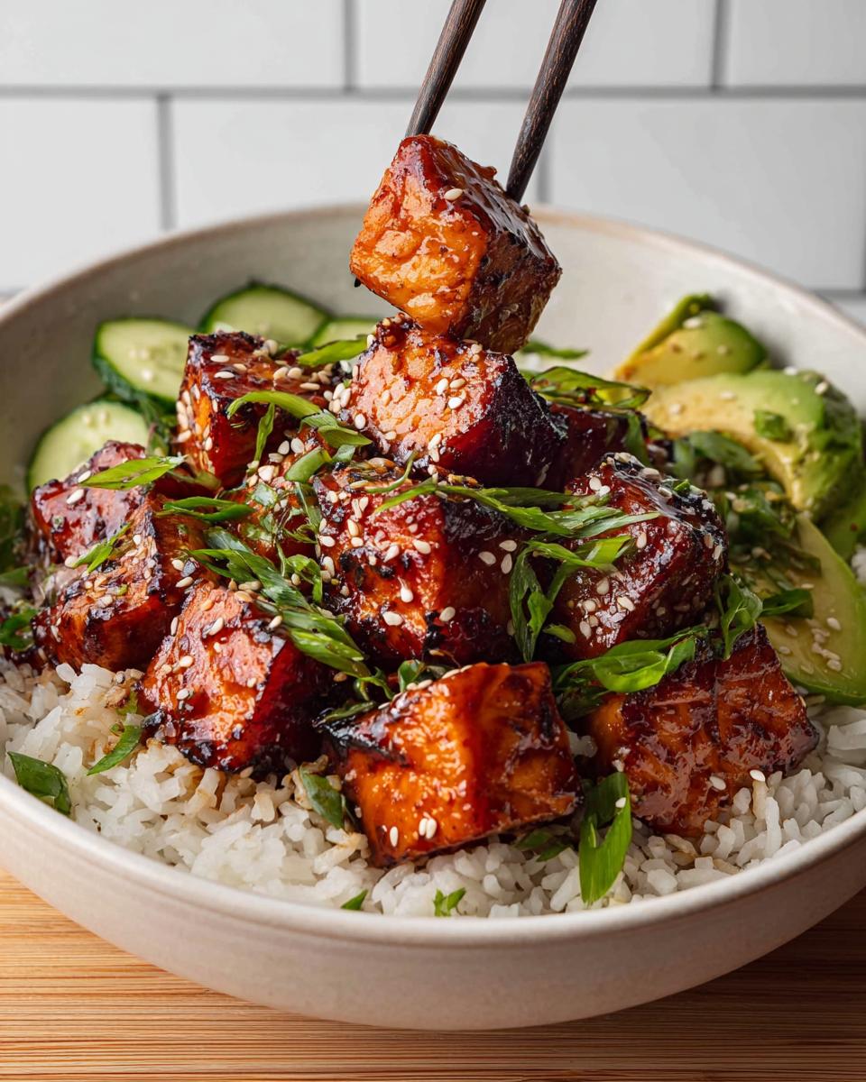 A serving of Crispy Salmon and Rice Bowl topped with sesame seeds and green onions, with sliced avocado and cucumber on the side.