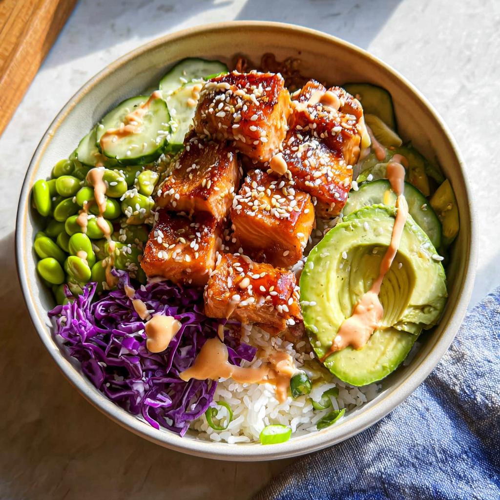 A delicious Crispy Salmon and Rice Bowl topped with sesame seeds, avocado, cucumber, edamame, and red cabbage.