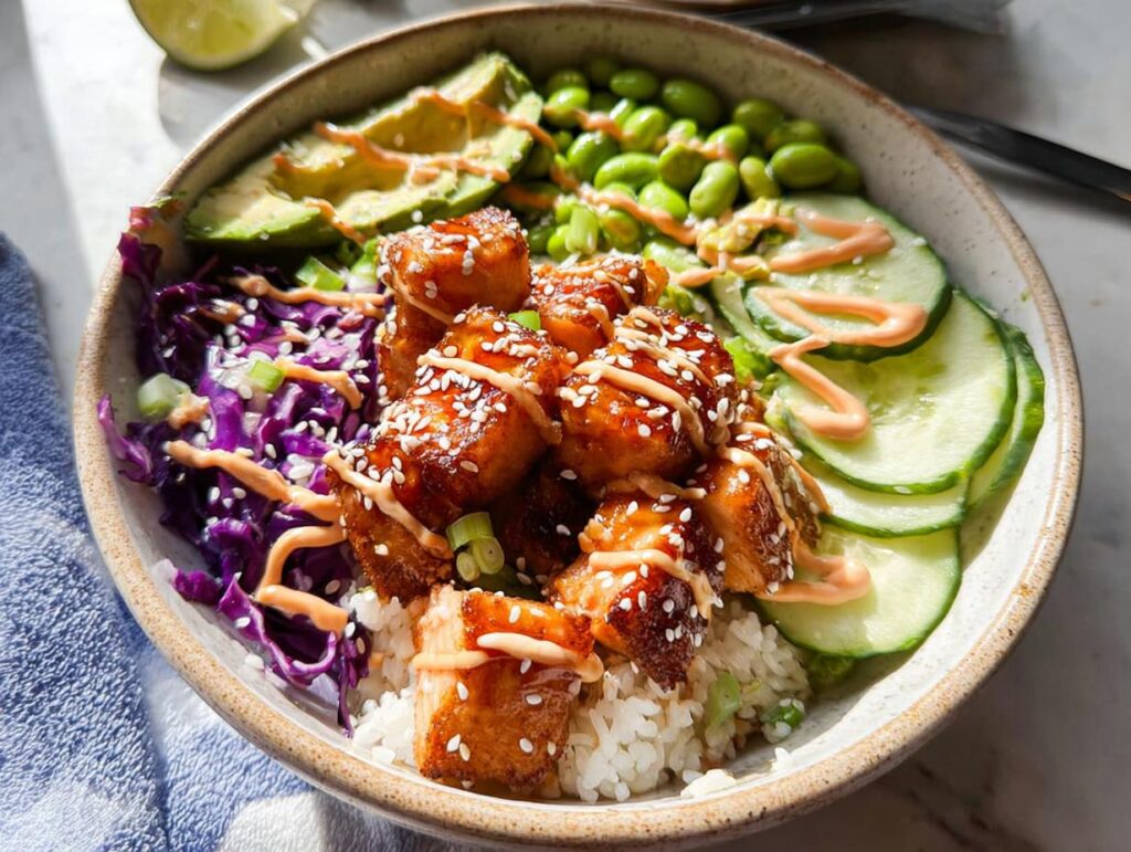 A delicious Crispy Salmon and Rice Bowl featuring glazed salmon, avocado, edamame, cucumber, and red cabbage.