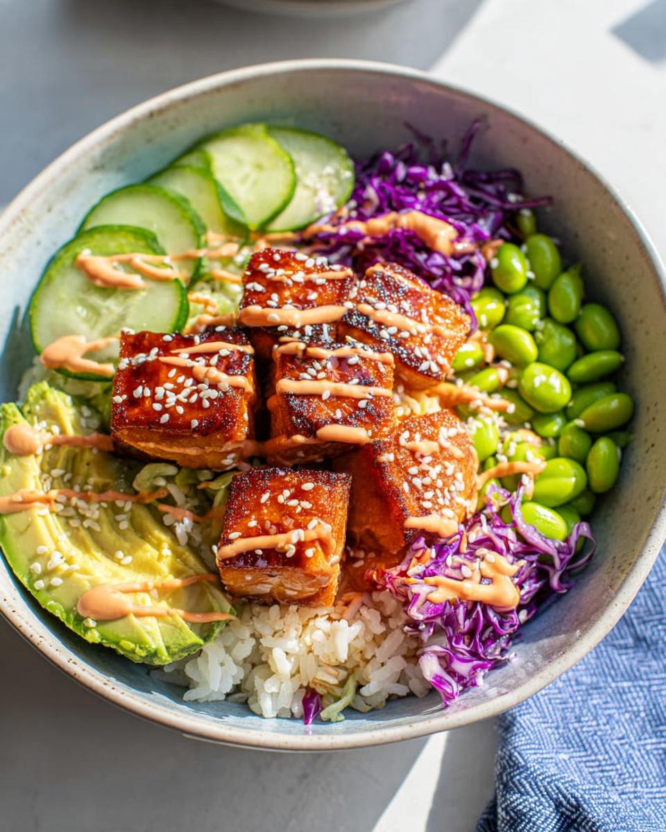 A vibrant Crispy Salmon and Rice Bowl featuring glazed salmon cubes, avocado slices, cucumber, edamame, and red cabbage.