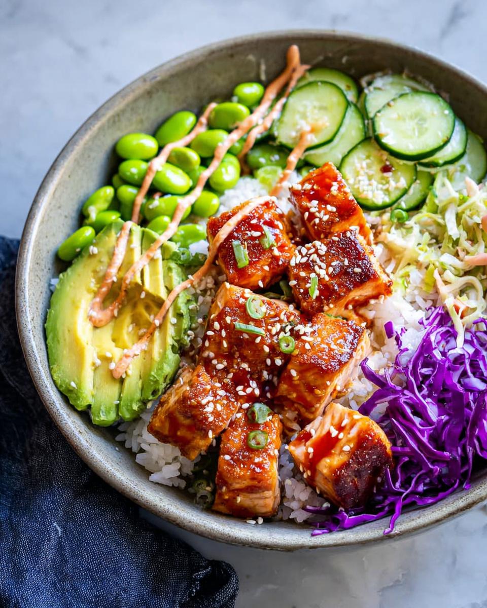 A close-up of a Crispy Salmon and Rice Bowl featuring glazed salmon pieces, avocado, edamame, cucumber, and red cabbage.